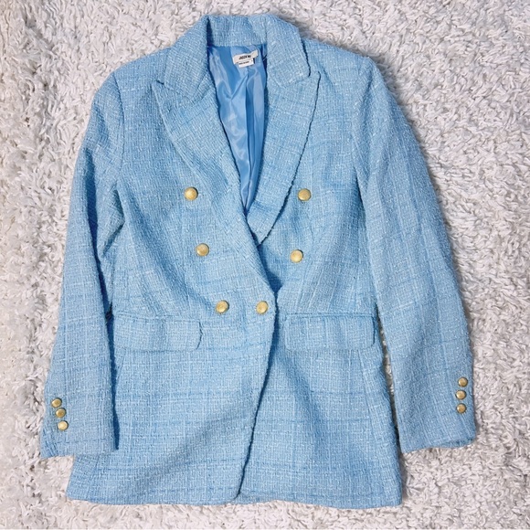 NWT Jason Wu Tweed Blazer Double Breasted Oversized Jacket Light Blue - Picture 2 of 3